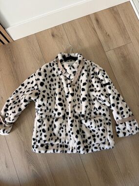 Dalmatian Print Faux Fur Jacket with Beige Buckle Details